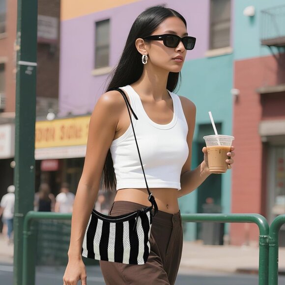 Women's Mesh Crossbody Bag Nylon Adjustable Strap Zipper Black White - Picture 3 of 6